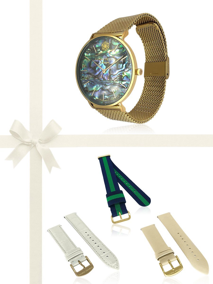 Galápagos Abalone Dial 18K Gold Swiss Watch Gift Set - Avani Jewelry