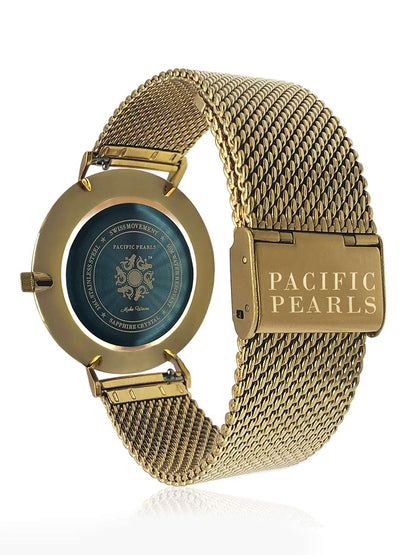 Galápagos Abalone Dial 18K Gold Swiss Watch on a Mesh Bracelet - Avani Jewelry