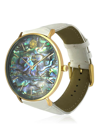 Galápagos Abalone Dial 18K Gold Swiss Watch on Crocodile Leather - Avani Jewelry