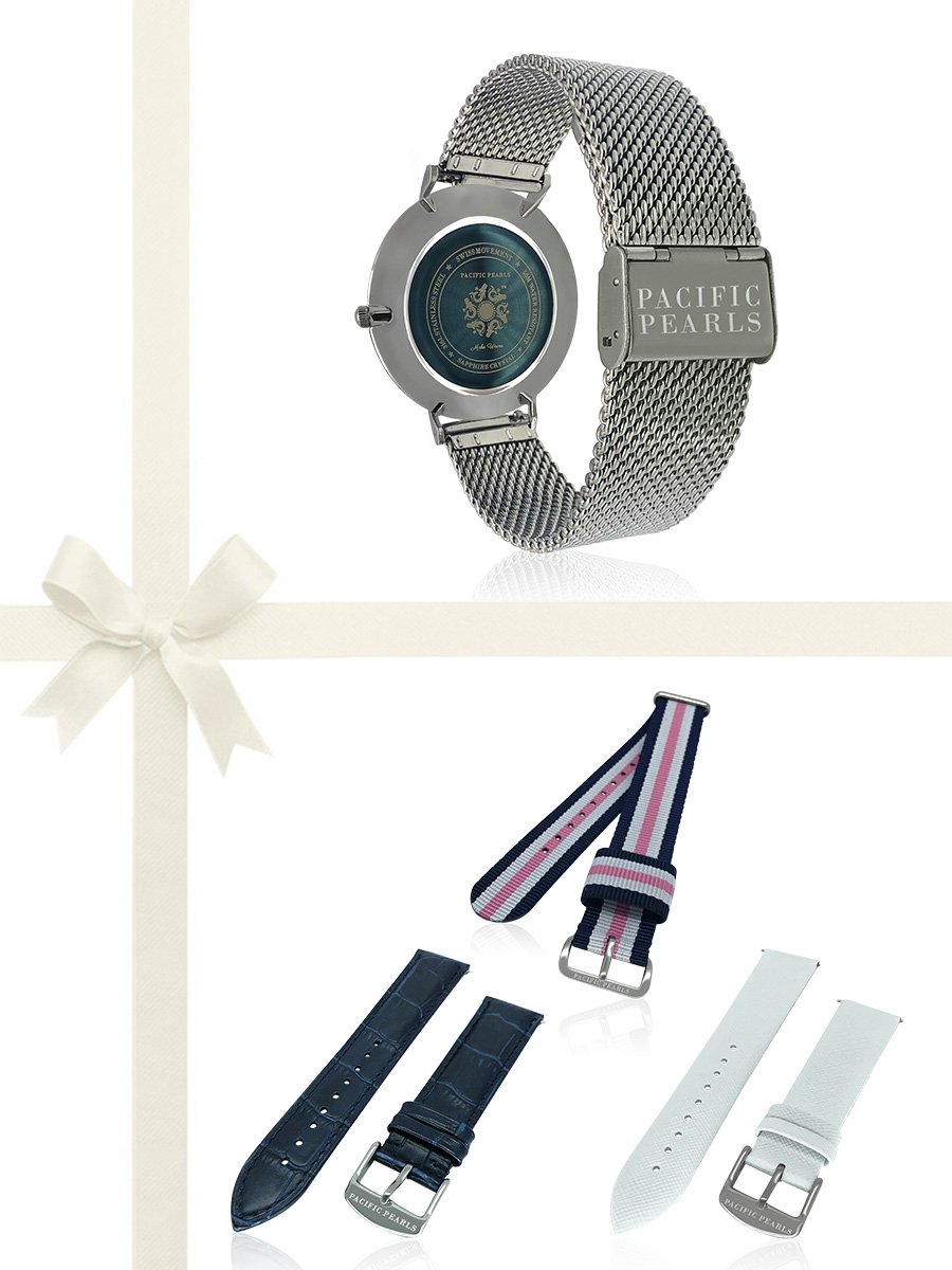 Mariana Pink Pearl Dial Diamond Encrusted Swiss Watch Gift Set - Avani Jewelry