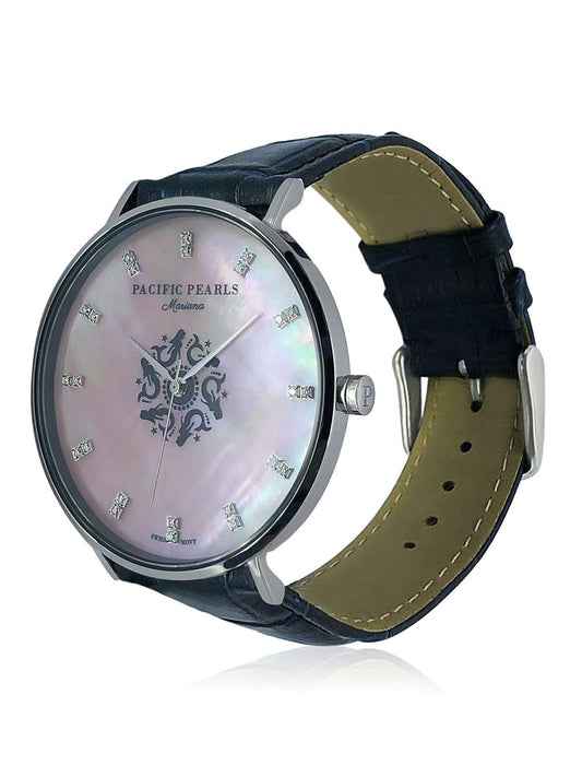 Mariana Pink Pearl Dial Diamond Encrusted Swiss Watch on Crocodile Leather - Avani Jewelry
