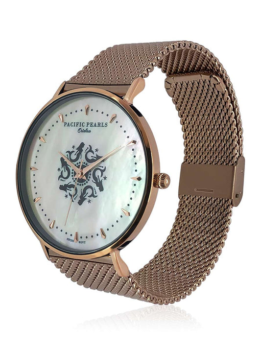 Ortelius White Pearl Dial 18K Rose Gold Swiss Watch on a Mesh Bracelet - Avani Jewelry