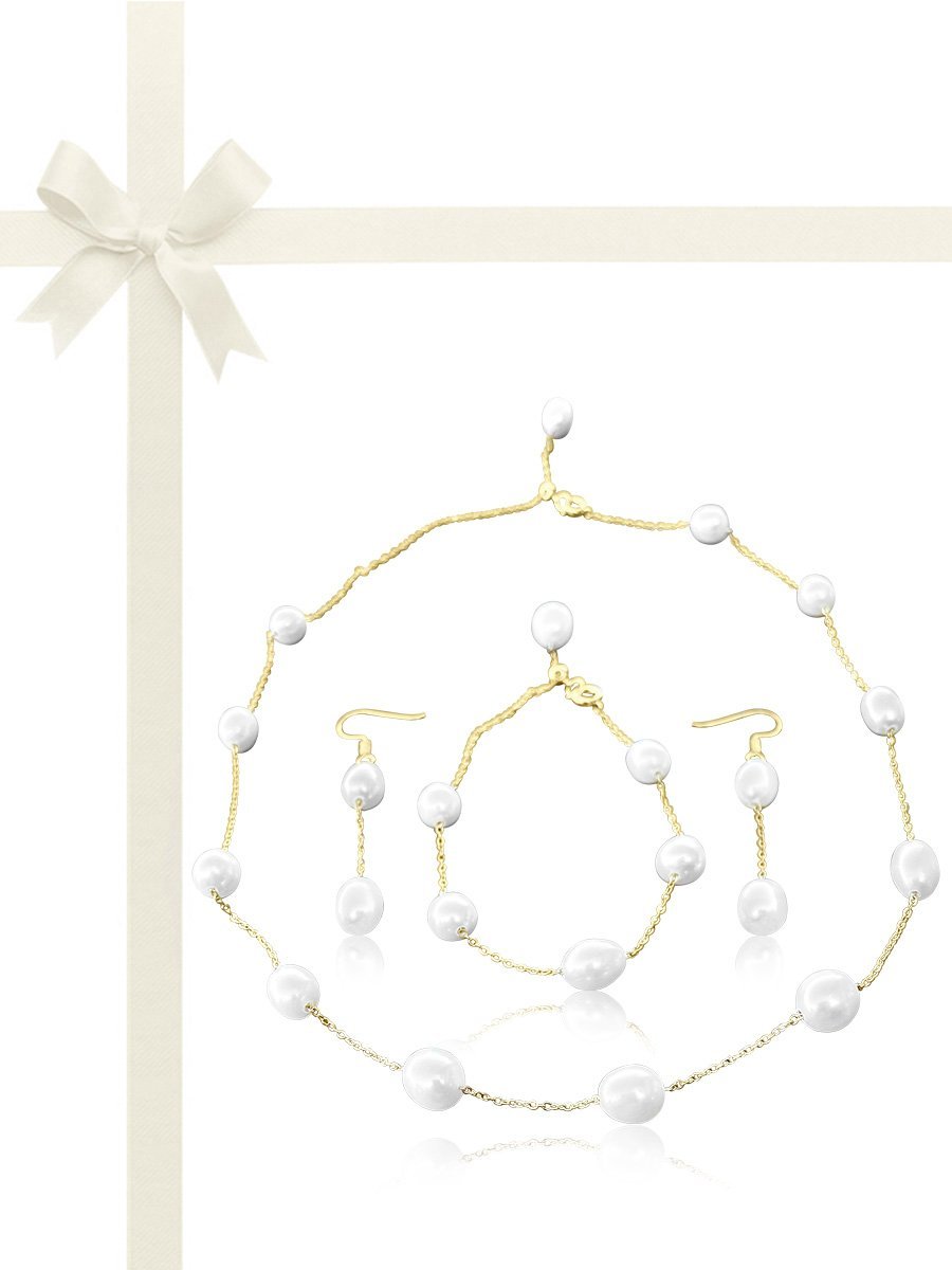 ROSE ATOLL COLLECTION White Pearl Station Necklace, Bracelet, & Earrings Gift Set - Avani Jewelry