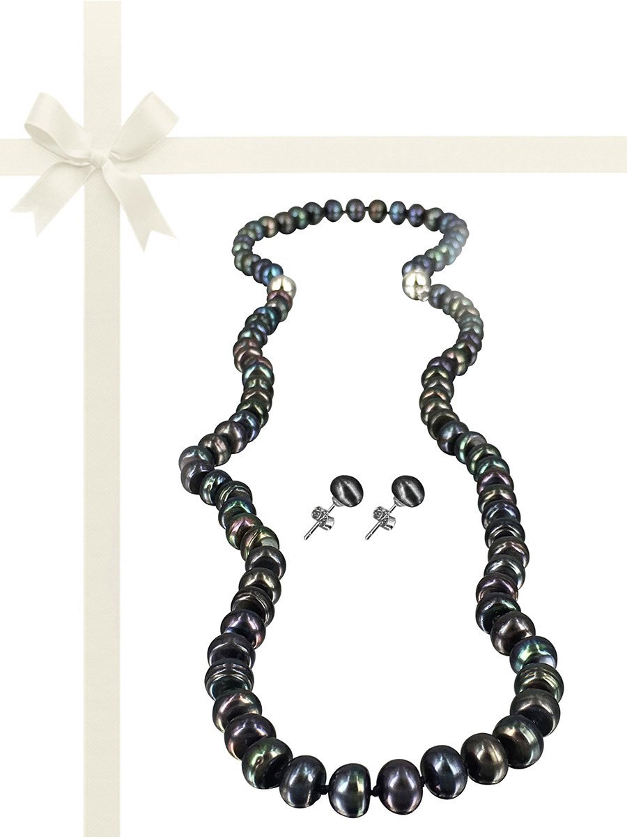TARA ISLAND COLLECTION 7-8mm Pearl Necklace, Bracelet, & Earring Gift Set - Midnight 2