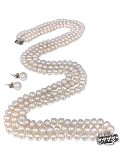 TARA ISLAND COLLECTION Triple Strand Pearl Necklace & Earrings - Avani Jewelry