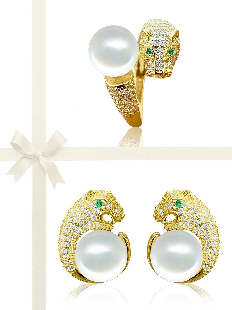 TARA ISLAND COLLECTION Wild Cougar Brilliant-Cut Diamond Encrusted Ring & Earrings Gift Set - Peach Pearl - Avani Jewelry