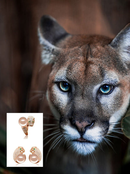 TARA ISLAND COLLECTION Wild Cougar Brilliant-Cut Diamond Encrusted Ring & Earrings Gift Set - Peach Pearl - Avani Jewelry