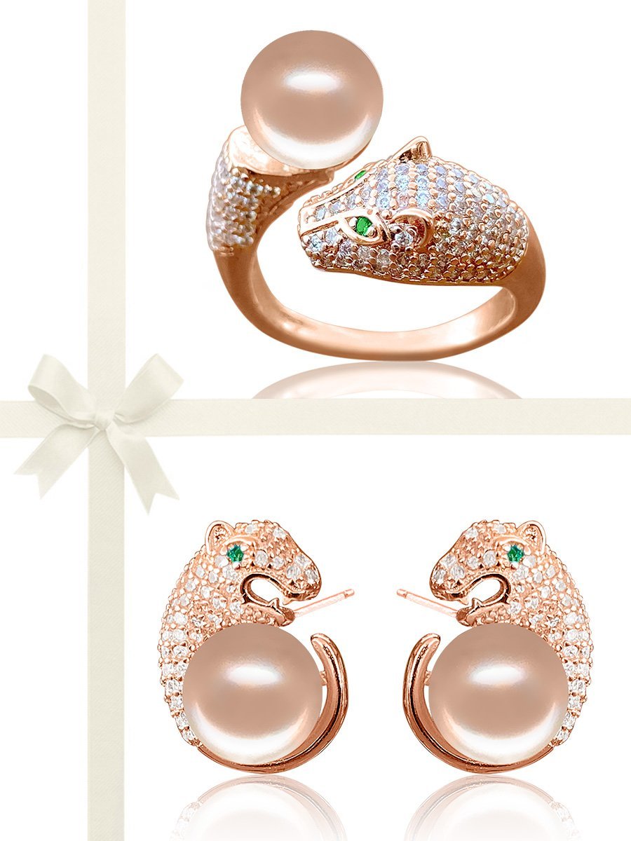 TARA ISLAND COLLECTION Wild Cougar Brilliant-Cut Diamond Encrusted Ring & Earrings Gift Set - Peach Pearl - Avani Jewelry