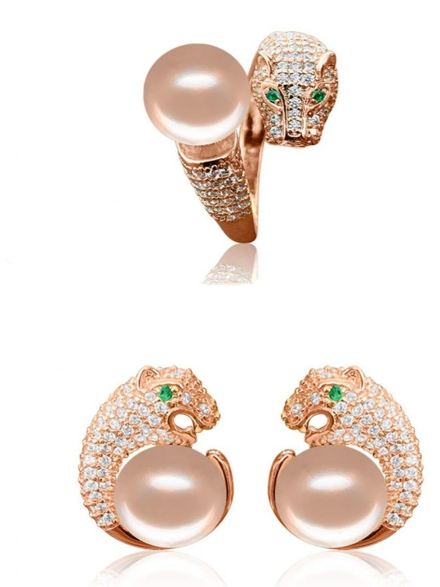 TARA ISLAND COLLECTION Wild Cougar Brilliant-Cut Diamond Encrusted Ring & Earrings Gift Set - Peach Pearl - Avani Jewelry