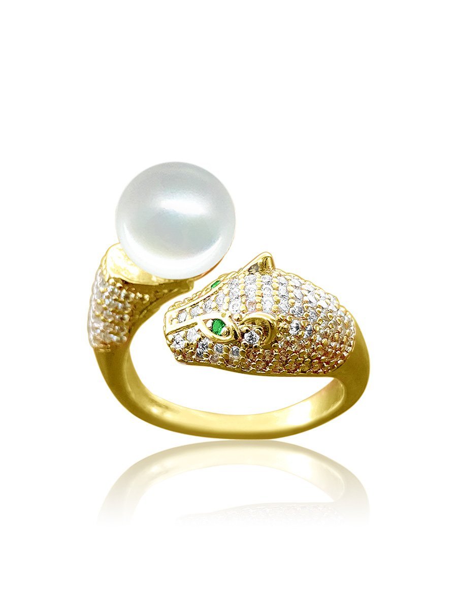 TARA ISLAND COLLECTION Wild Cougar Brilliant-Cut Diamond Encrusted Ring - Yellow Gold/ White Pearl 2