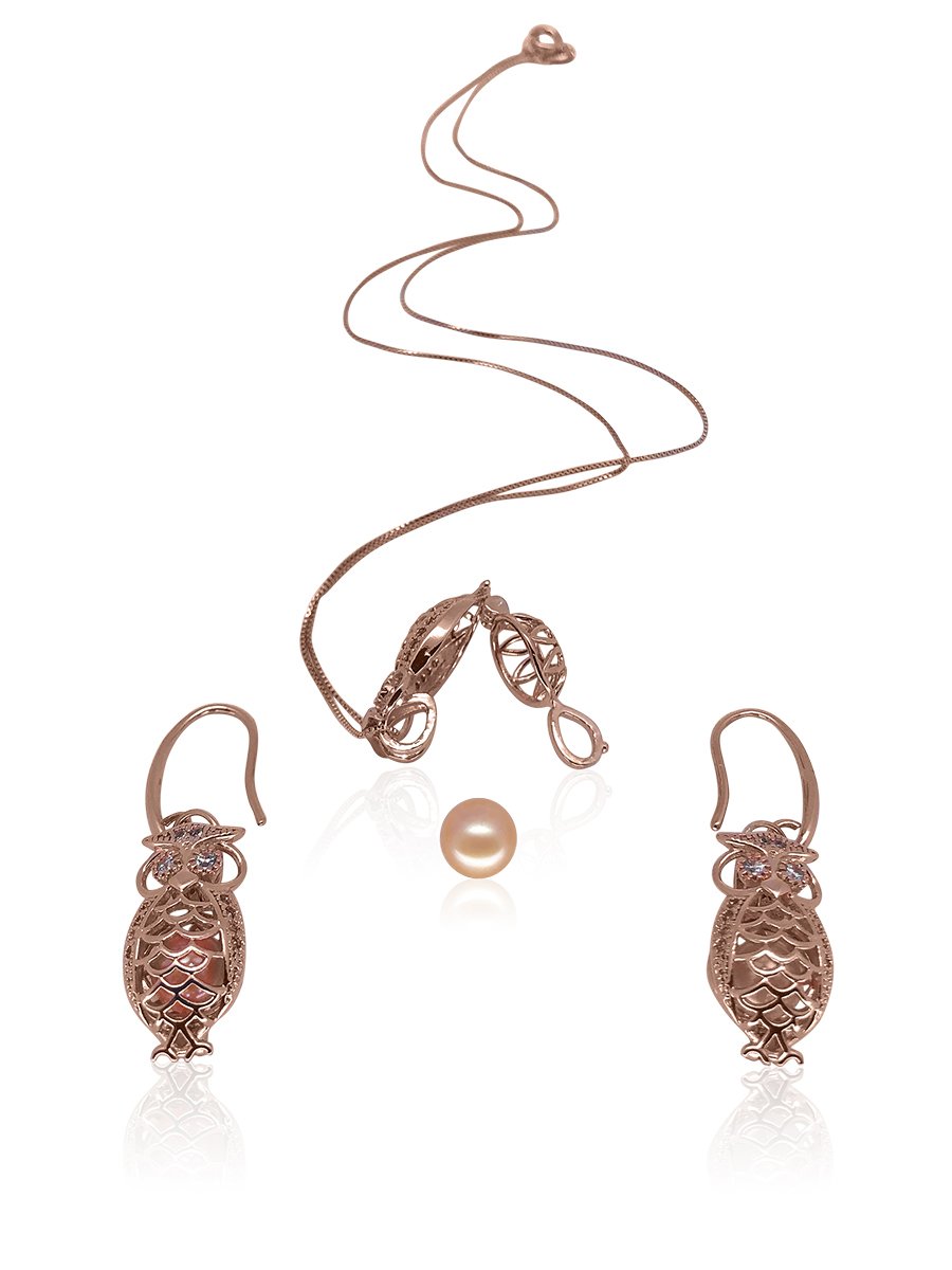 TARA ISLAND COLLECTION Wise Owl Pearl Locket Pendant & Earrings - Avani Jewelry