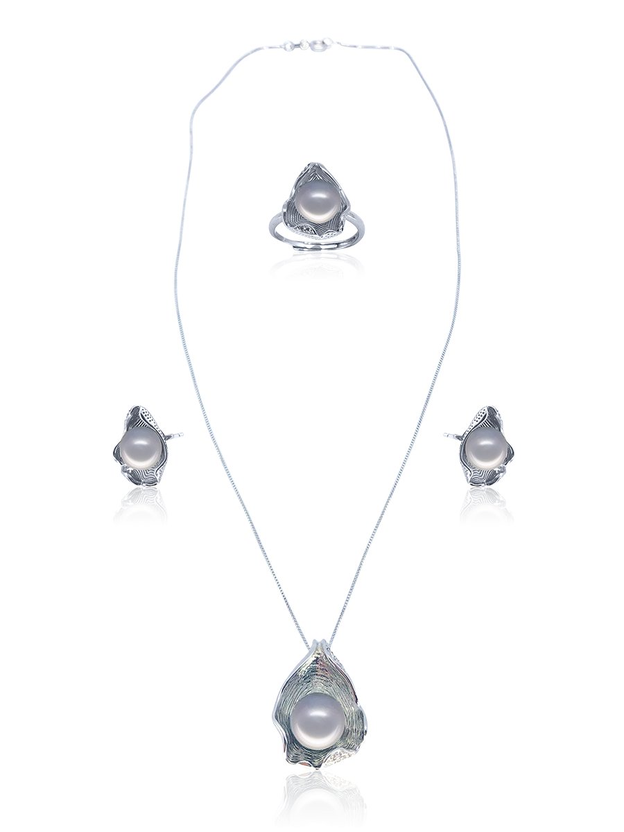 TREASURE ISLAND COLLECTION Ceylon Diamond Pavé Pearl Jewelry Set - White Gold/ Blue- Gray Pearl 1