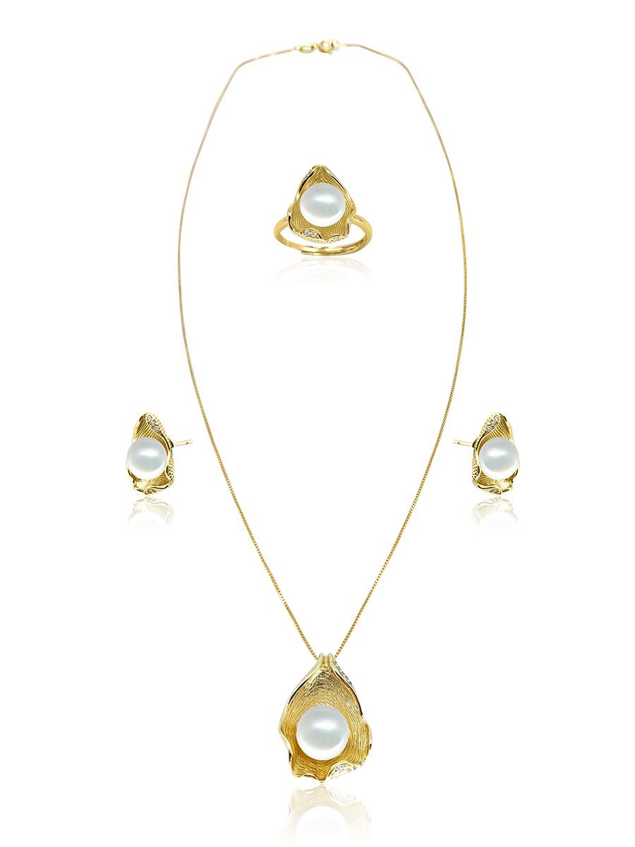 TREASURE ISLAND COLLECTION Ceylon Diamond Pavé Pearl Jewelry Set - Yellow Gold/ White Pearl 6