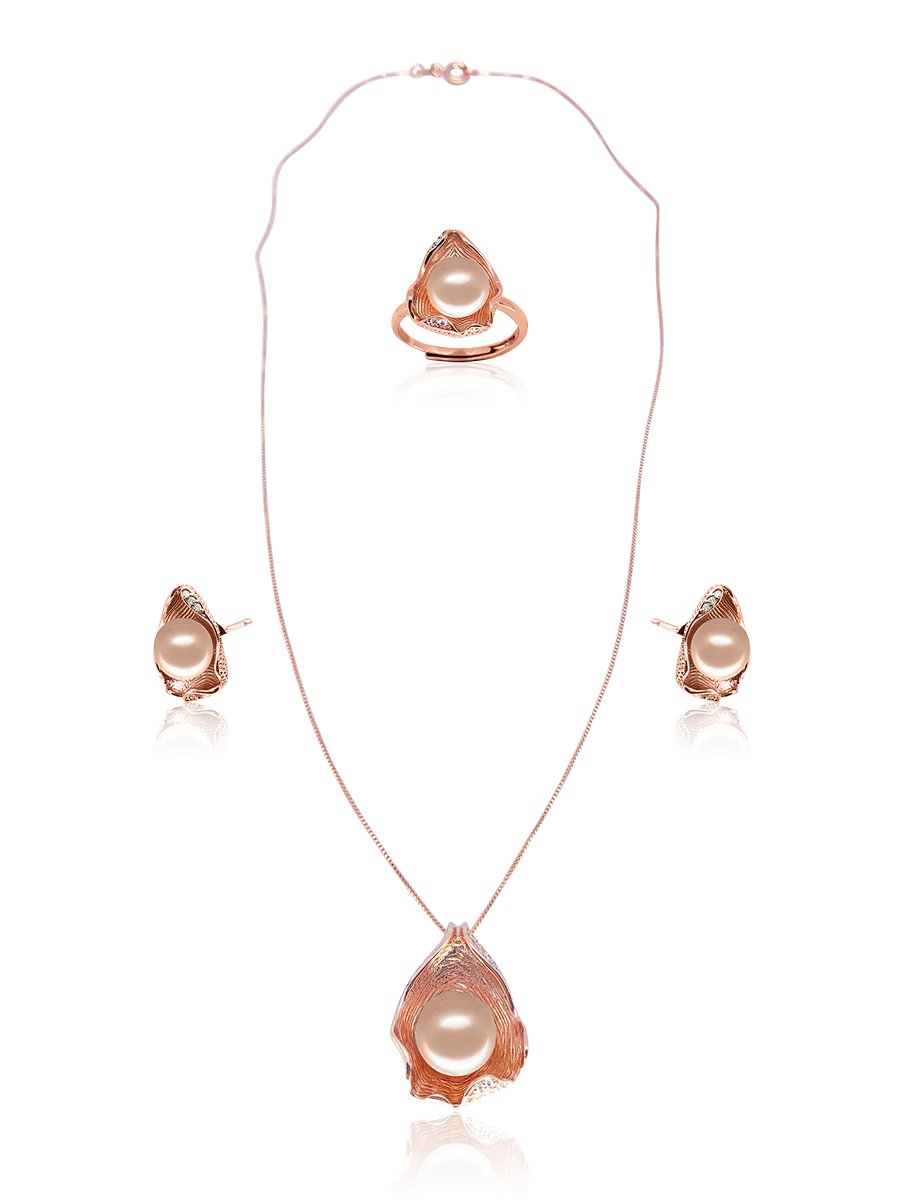 TREASURE ISLAND COLLECTION Ceylon Diamond Pavé Pearl Jewelry Set - Rose Gold/ Peach Pearl 4