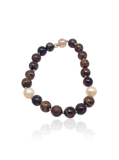 TREASURE ISLAND COLLECTION Hand-Painted Brown Tibetan Agate & Peach Pearl Bracelet - Avani Jewelry