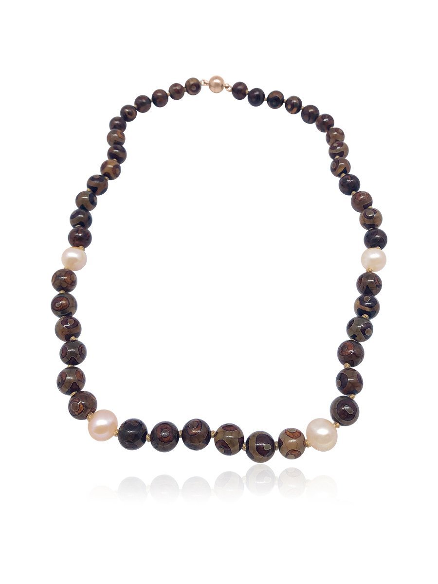 TREASURE ISLAND COLLECTION Hand-Painted Brown Tibetan Agate & Peach Pearl Necklace - Avani Jewelry