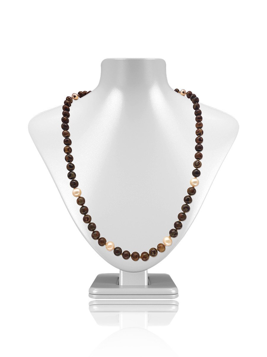 TREASURE ISLAND COLLECTION Hand-Painted Brown Tibetan Agate & Peach Pearl Necklace - Avani Jewelry