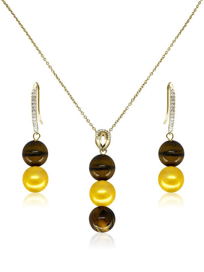 TREASURE ISLAND COLLECTION South African Tiger's Eye & Gold Pearl Pendant & Earrings - Avani Jewelry