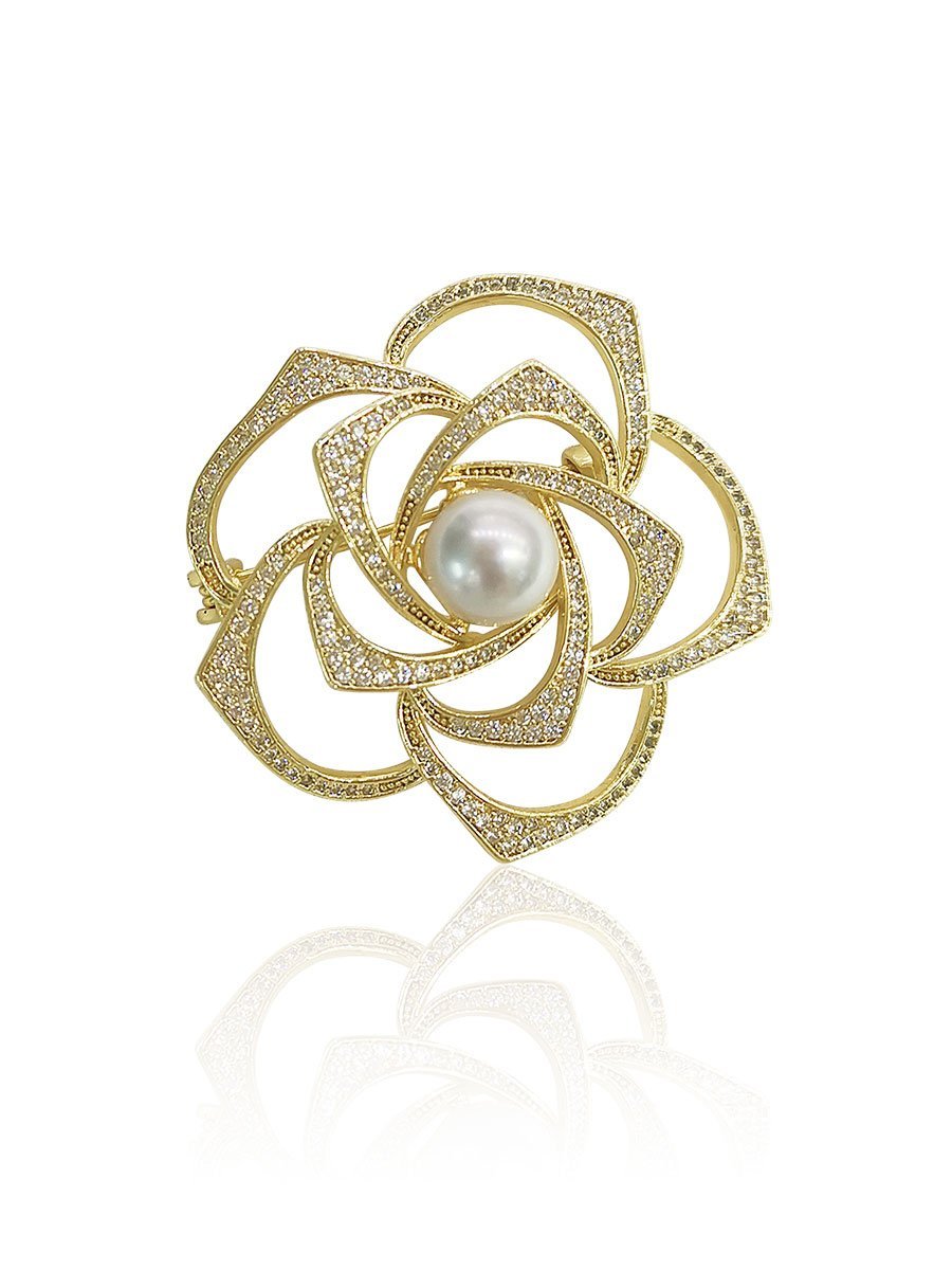VANUATU COLLECTION Begonia Diamond Encrusted Pearl Brooch - Avani Jewelry