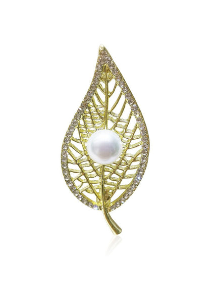 VANUATU COLLECTION Bo Leaf Diamond Encrusted Pearl Brooch - Avani Jewelry