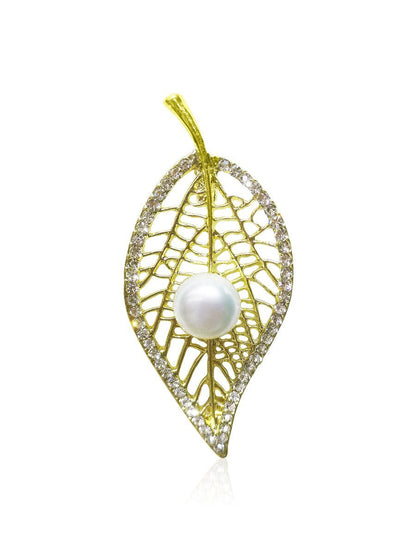 VANUATU COLLECTION Bo Leaf Diamond Encrusted Pearl Brooch - Avani Jewelry